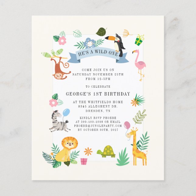 Budget Wild One Animals 1st Birthday Invitation (Front)
