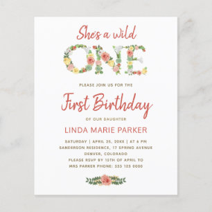Budget wild one girl 1st birthday party Invitation Flyer