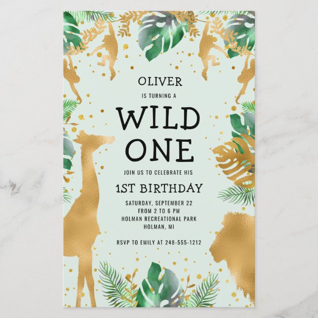 Budget Wild One Green Gold Safari Invitation (Front)