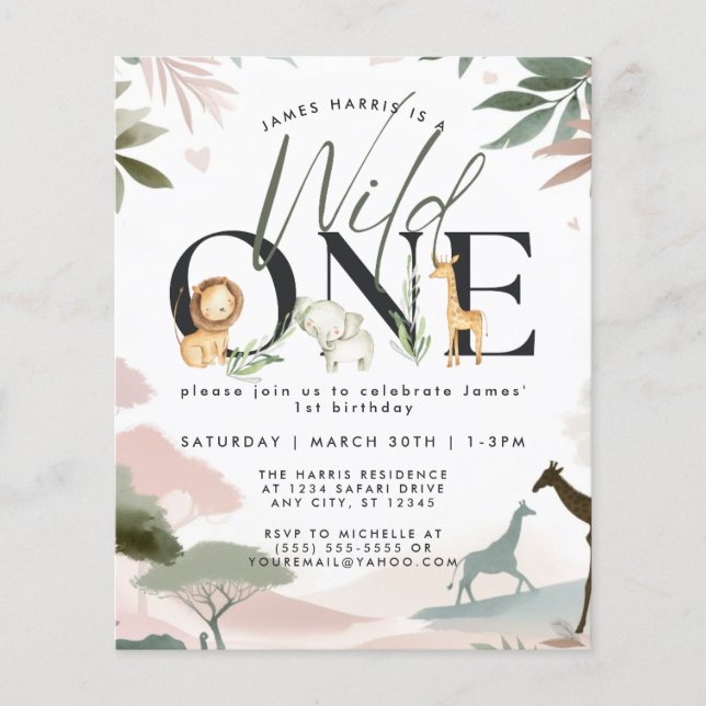 Budget Wild One Safari 1st Birthday Party Photo Flyer (Front)