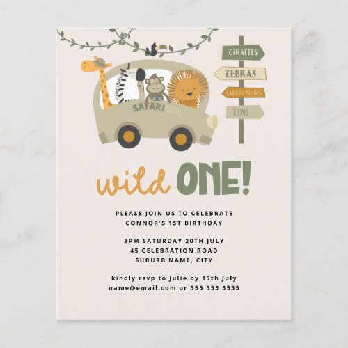 Budget Wild One Safari Animals 1st Birthday Invite