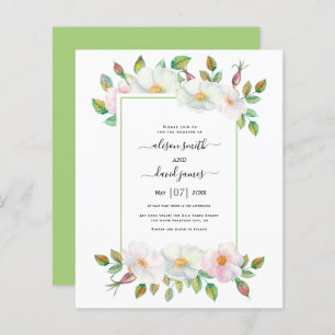 BUDGET Wild rose floral green wedding invitation