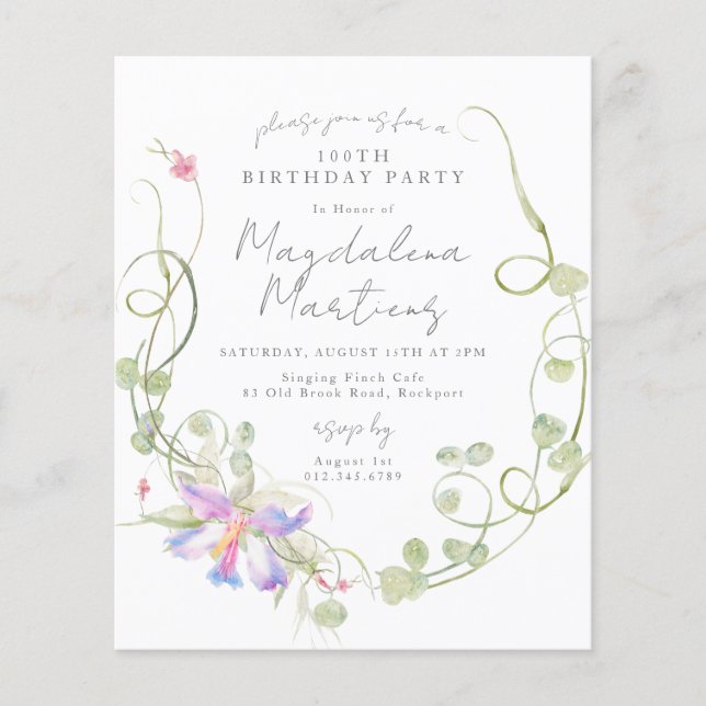 Budget Wildflower 100th Birthday Invitation (Front)