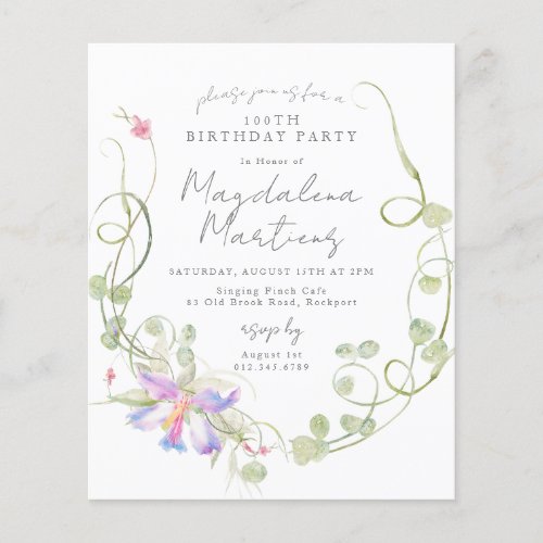 Budget Wildflower 100th Birthday Invitation