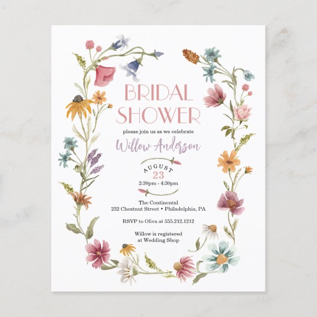 Budget Wildflower Boho Bridal Shower Invitation Flyer (Front)