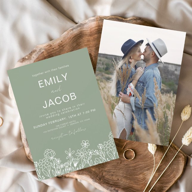 Budget Wildflower Boho Photo Sage Green Wedding Flyer (Creator Uploaded)