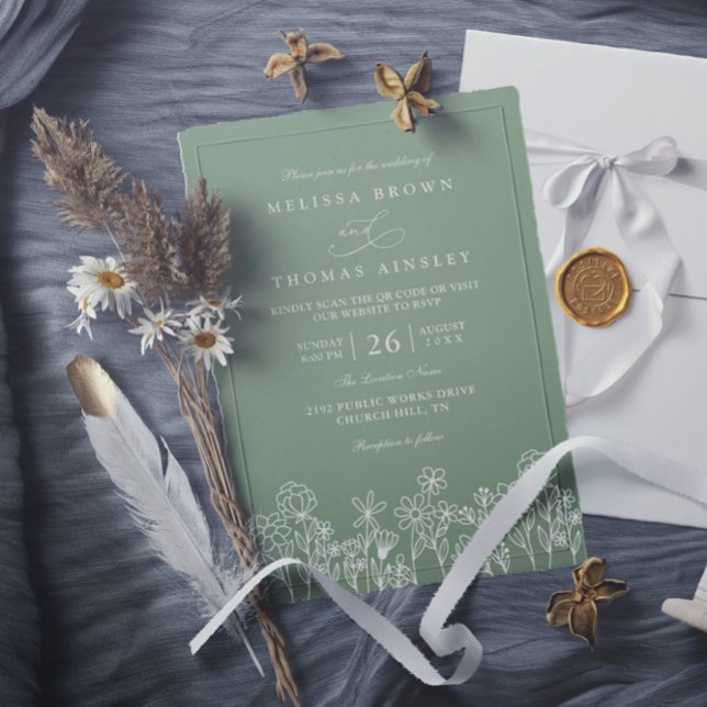 Budget Wildflower Boho Sage Green QR Code Wedding Invitation (Creator Uploaded)
