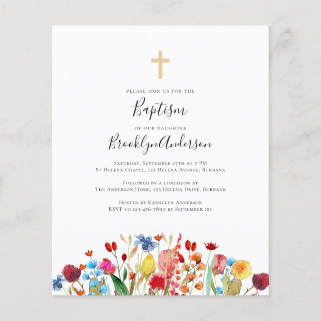 BUDGET Wildflower Cross Baptism Invitation (Front)