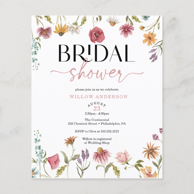 Budget Wildflower Field Boho Bridal Shower Invite Flyer (Front)