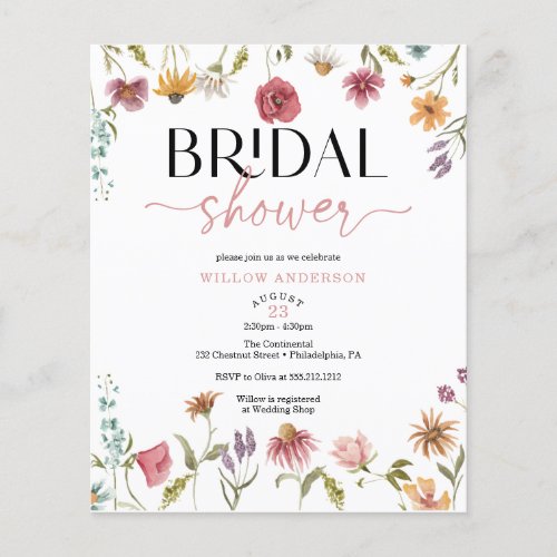 Budget Wildflower Field Boho Bridal Shower Invite Flyer