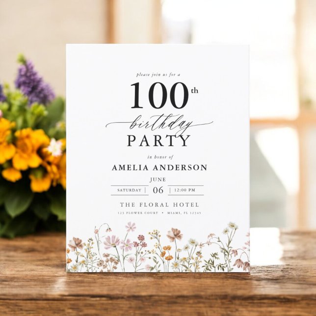 Budget Wildflower Floral 100th Birthday Invitation (Creator Uploaded)