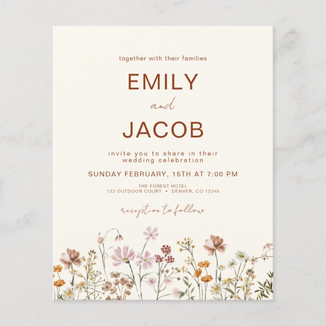 Budget Wildflower Terracotta Botanical Wedding Flyer (Front)