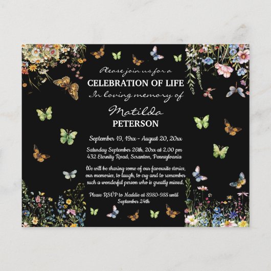 Budget Wildflowers Butterflies Funeral Invitation (Back)