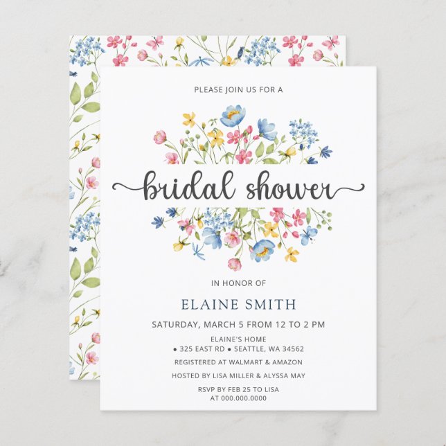 Budget Wildflowers Floral Bridal Shower Invitation (Front/Back)