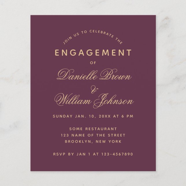 Budget Wine Color Golden Engagement Invitation (Front)