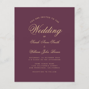 Budget Wine Color Golden Script Wedding Invitation