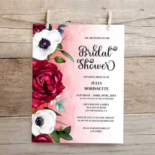 Budget WIne Red Floral Bridal Shower Invitation