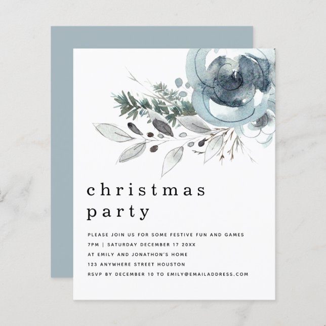 Budget Winter Blue Florals Christmas Party Invite (Front/Back)