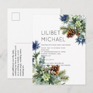 BUDGET Winter Blue Thistle Eucalyptus Wedding Postcard