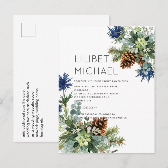 BUDGET  Winter Blue Thistle Eucalyptus Wedding Postcard (Front/Back)