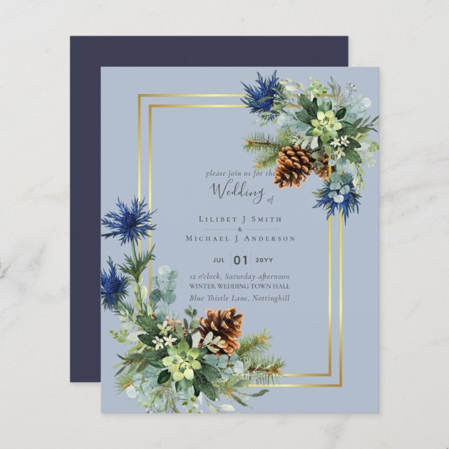 BUDGET  Winter Blue Thistle Wedding Invites (Front/Back)