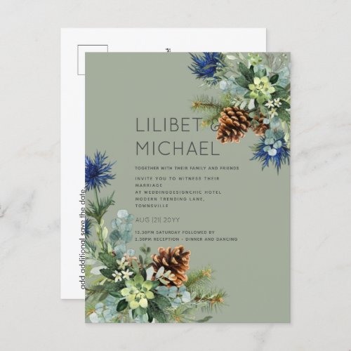 BUDGET  Winter Blue Thistle Wedding Postcard