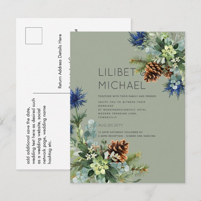 BUDGET  Winter Blue Thistle Wedding Postcard (Front/Back)