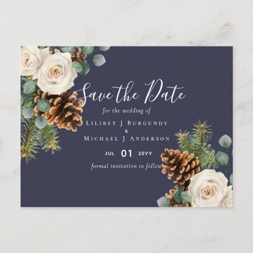 BUDGET Winter Eucalyptus Pine Cones Wedding Postcard