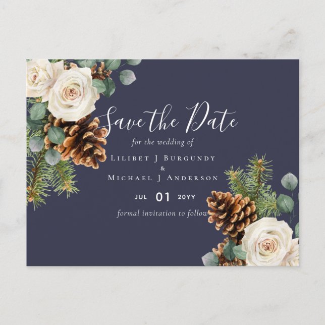 BUDGET Winter Eucalyptus Pine Cones Wedding Postcard (Front)