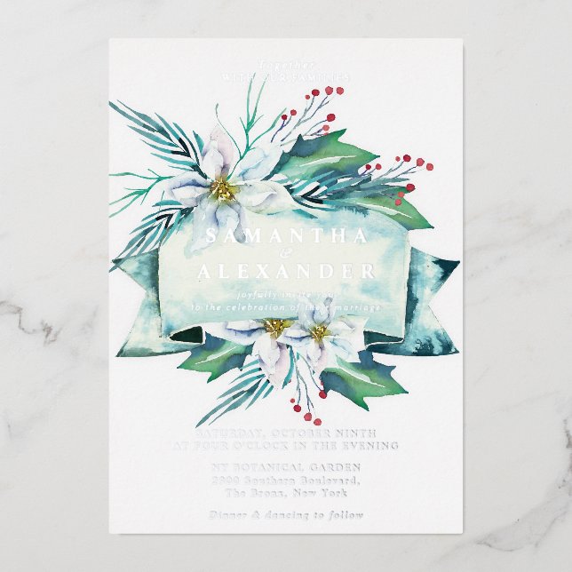 Budget Winter Floral Bouquet Watercolor Wedding Foil Invitation (Front)