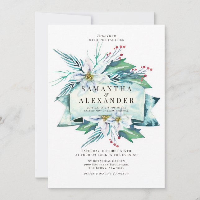 Budget Winter Floral Bouquet Watercolor Wedding Invitation (Front)