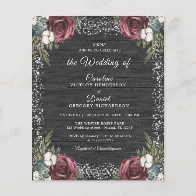 Budget Winter Floral Burgundy Wedding Flyer (Front)