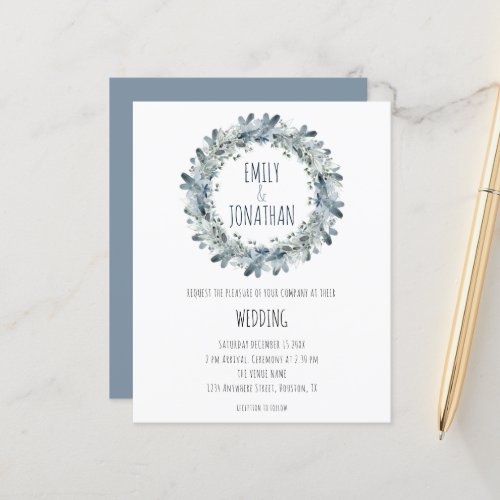 Budget Winter Floral Teal Wreath Wedding Invite