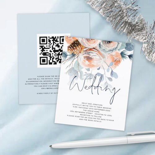BUDGET Winter Florals QR Code Wedding Invitation
