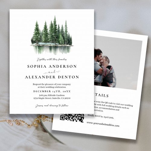 Budget Winter forest Photo QR code wedding invite