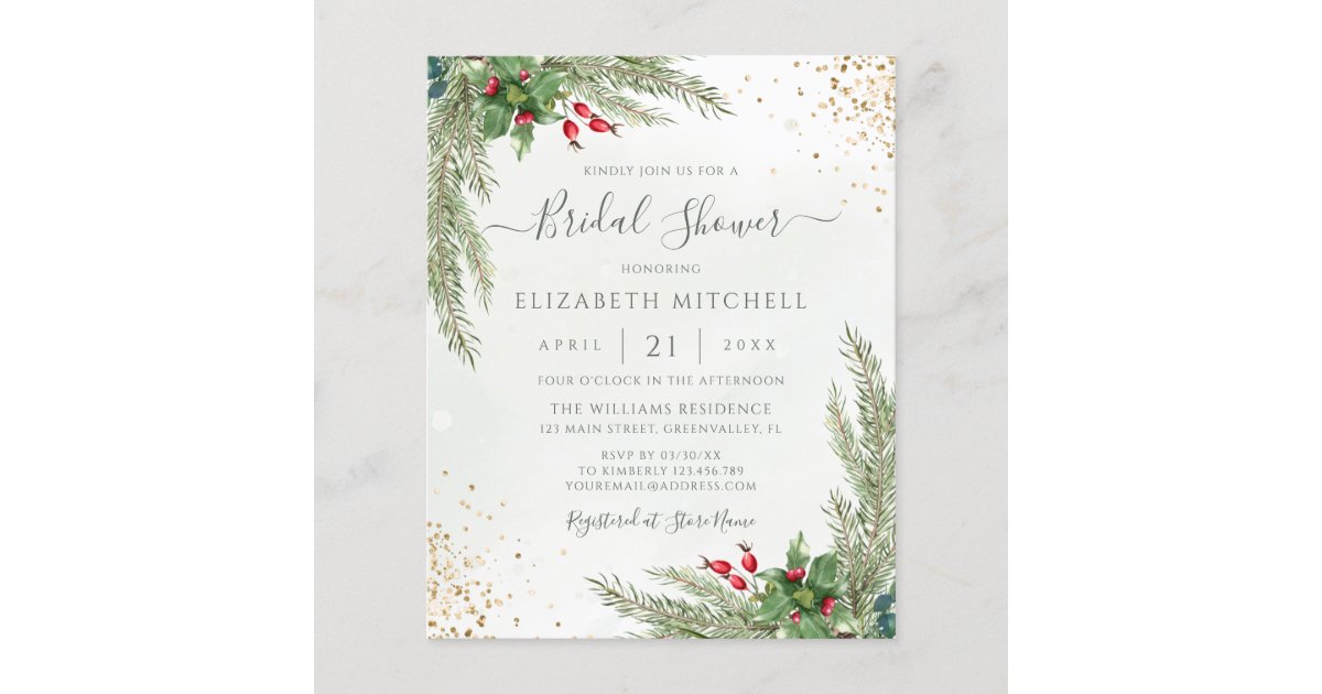 Budget Winter Greenery Bridal Shower Invitation | Zazzle