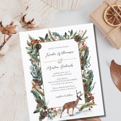 Budget Winter Greenery Pine Cone Wedding Invite