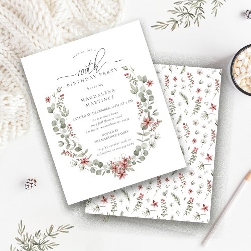 Budget Winter Greenery Red Floral 100th Birthday