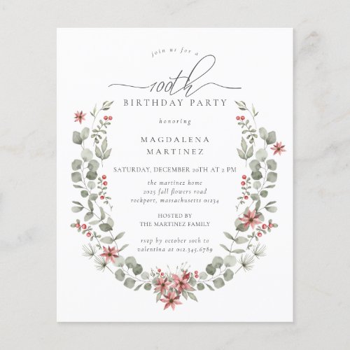 Budget Winter Greenery Red Floral 100th Birthday