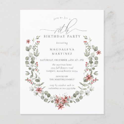 Budget Winter Greenery Red Floral 70th Birthday