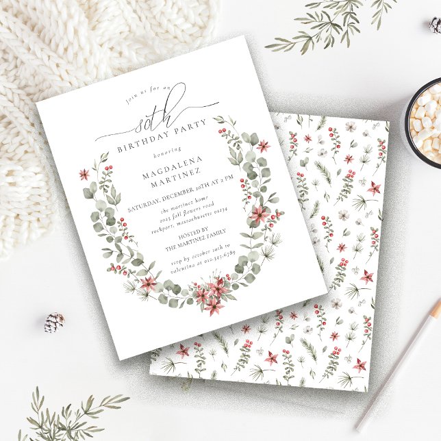 Budget Winter Greenery Red Floral 80th Birthday (Creator Uploaded)