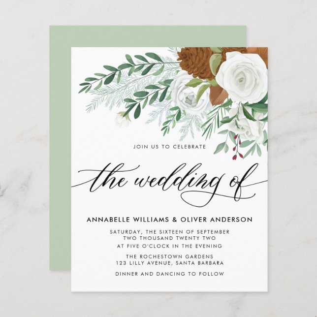 Budget Winter Greenery Wedding Invitation (Front/Back)