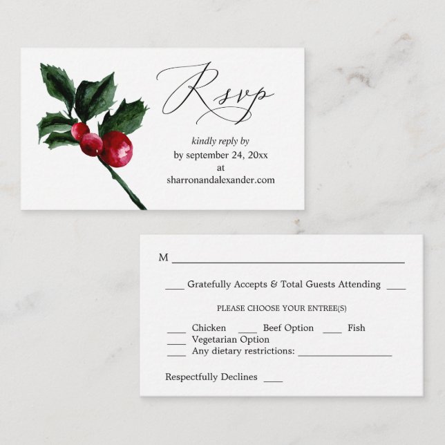 Budget Winter Holly Berry SM Meal RSVP Enclosure Card (Front/Back)