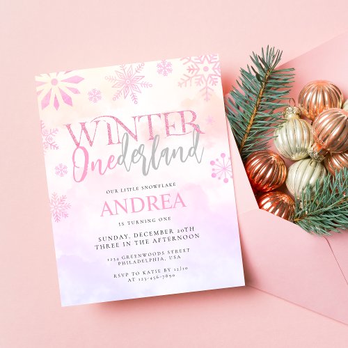 Budget Winter ONEderland Pink Girl 1st Birthday Flyer