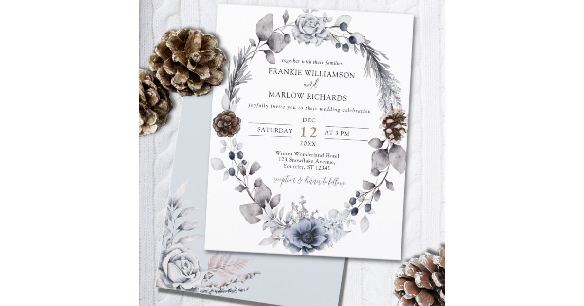 Budget Winter Pine Cone Floral Wedding Invitation | Zazzle