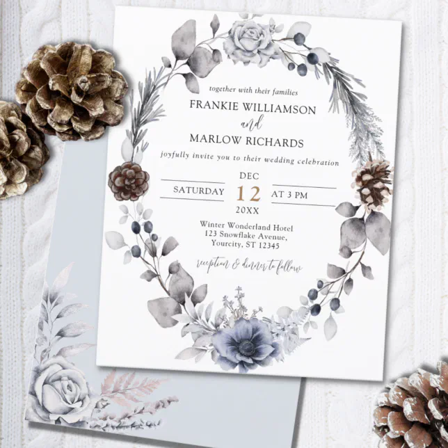 Budget Winter Pine Cone Floral Wedding Invitation | Zazzle