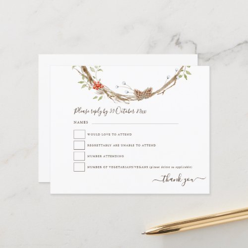 Budget Winter Pines Berries Festive Wedding RSVP