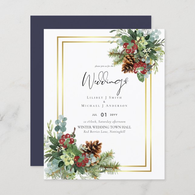 BUDGET  Winter Red Berries Pine Cones Wedding (Front/Back)