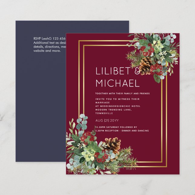 BUDGET  Winter Red Berries Pine Cones Wedding (Front/Back)