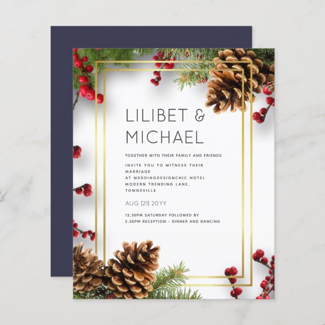 BUDGET  Winter Red Berries Pine Cones Wedding (Front/Back)